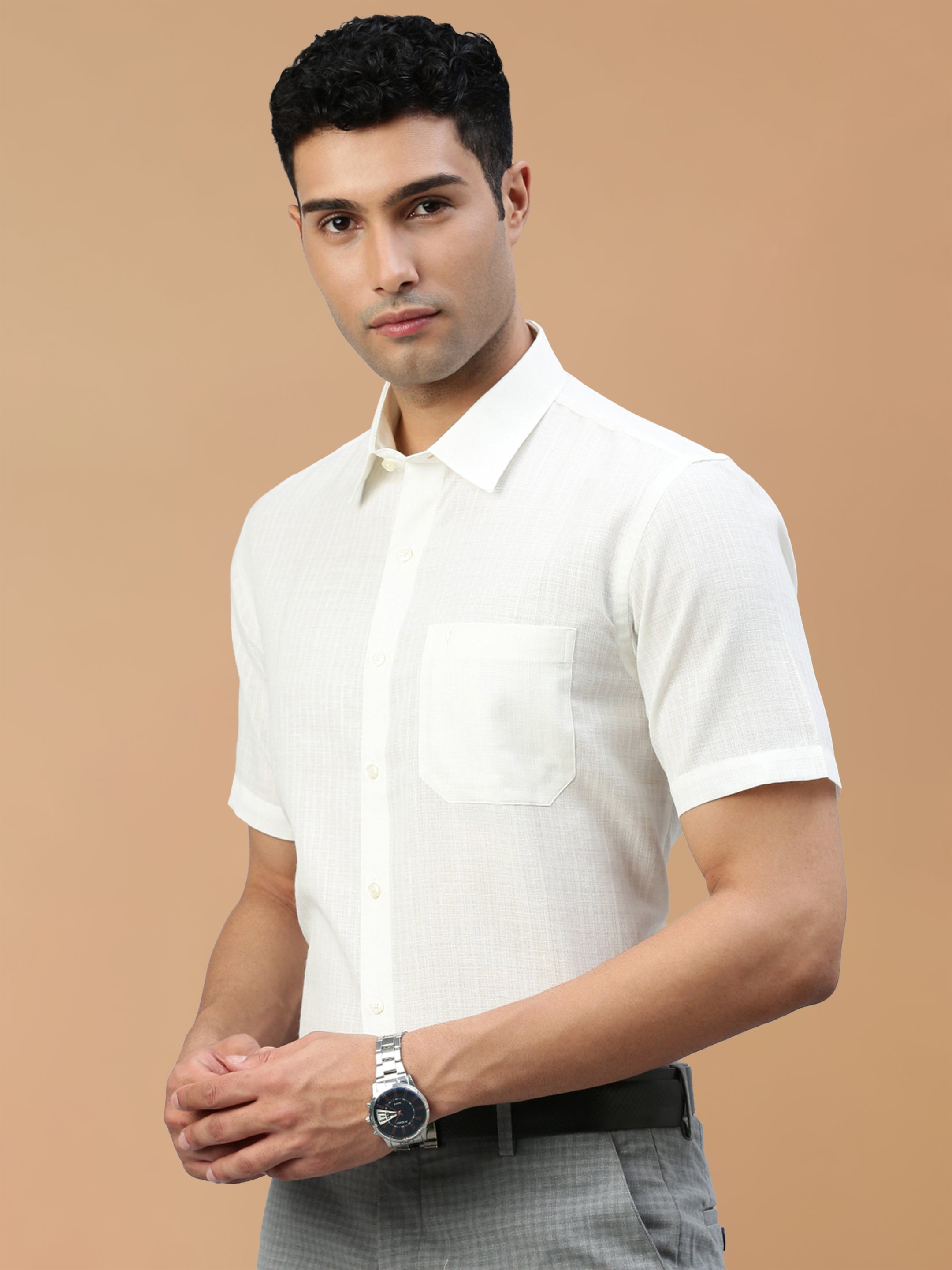 Cotton Rich Self Design Cream Regular Fit Shirt Celebrity 2