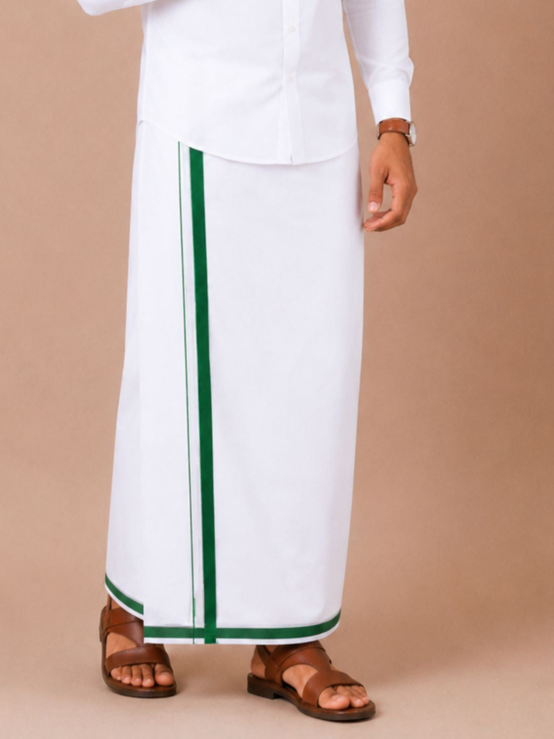 Double Layer 100% Cotton White Dhoti with Big Border - Wisdom WB02