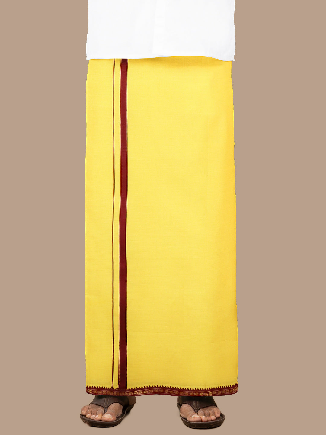 Men 100% Cotton Single Layer Yellow Dhoti with Mayilkhan Border Slokam (4 Way Dhoti )