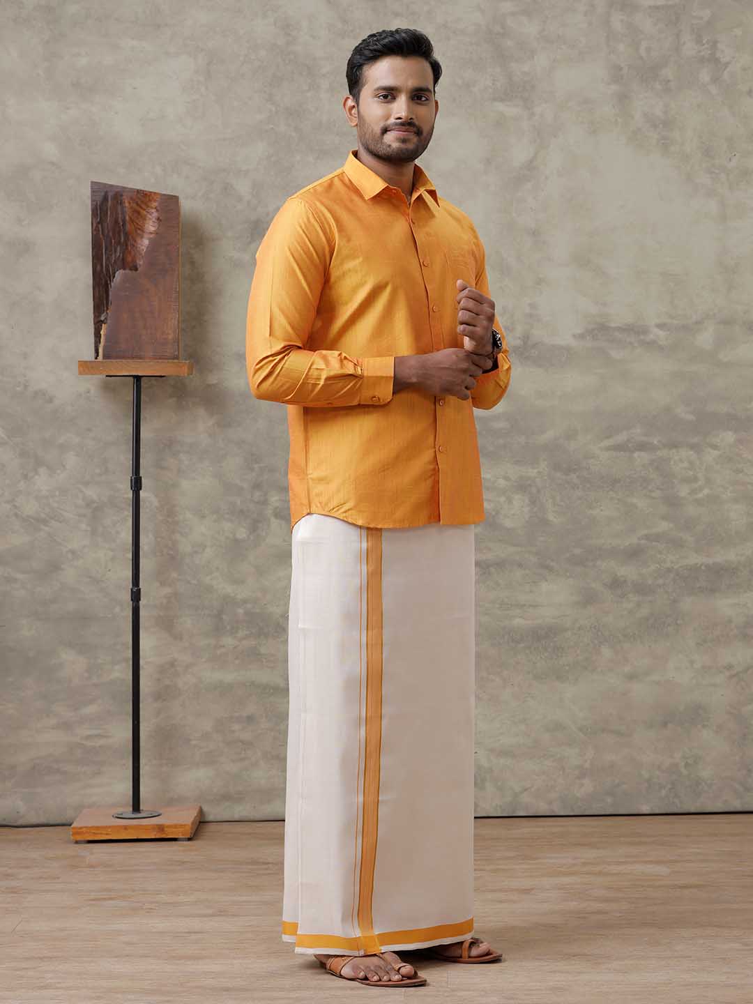Men Cotton Blend Mustard Shirt and Tissue Dhoti Set VB2