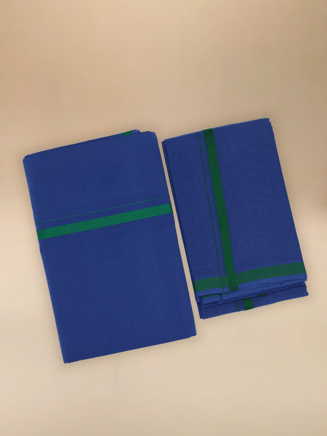 Men Cotton Blend Single Layer Blue Dhoti & Towel Set with Green Border Poojan