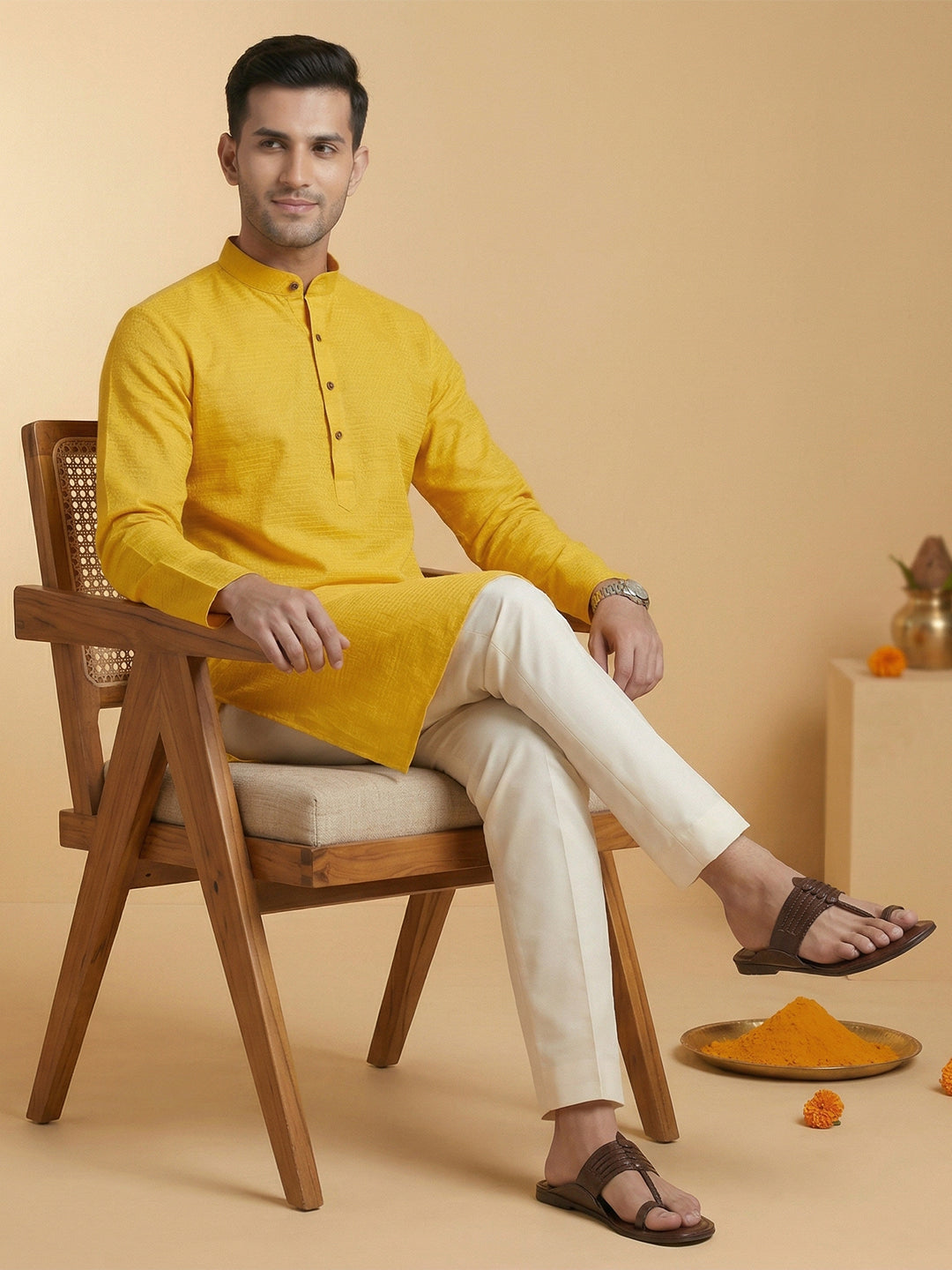 Cotton Medium Length Self Design Pocket Kurta Yellow D1