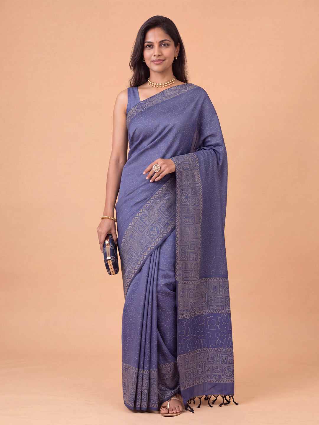 Women Pure Cotton Cobalt Blue Printed Saree PCS281
