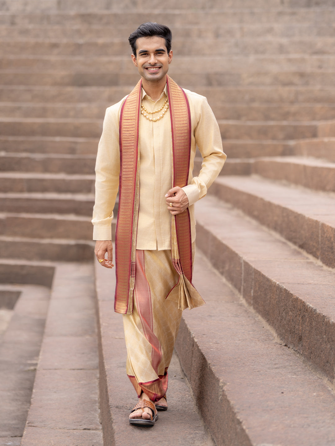 Pure Silk 4½" Fawn Dhoti & Towel Set – Amirtham Korvai Jari Self-Weaving Design