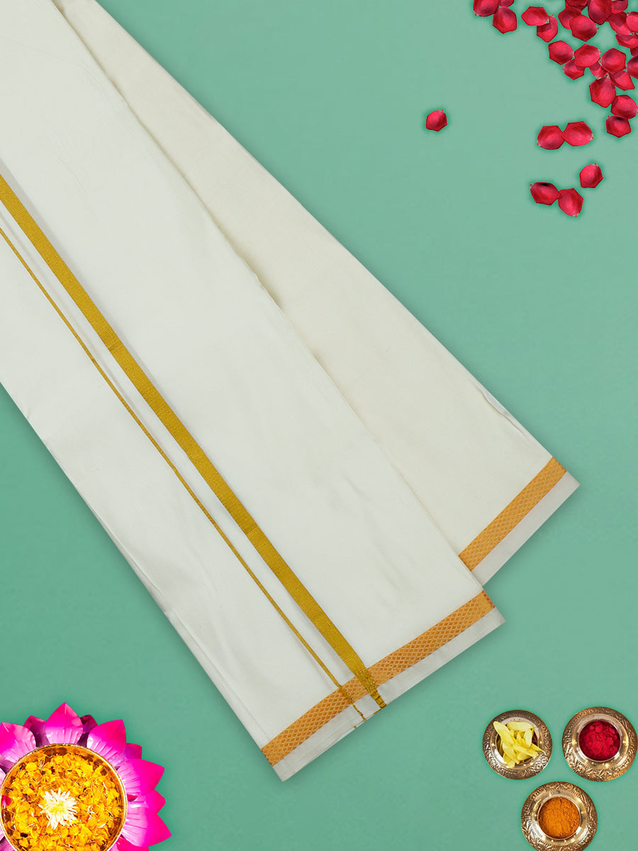 Pure Silk Cream Wedding Set 1 1/2" Dhoti+Towel+Shirt Bit Rajahamsa