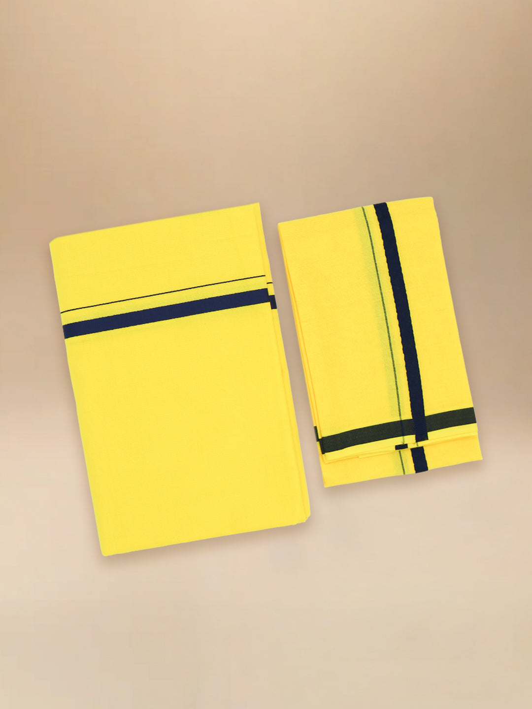 Men Cotton Blend Single Layer Yellow Dhoti & Towel Set with Navy Border Poojan