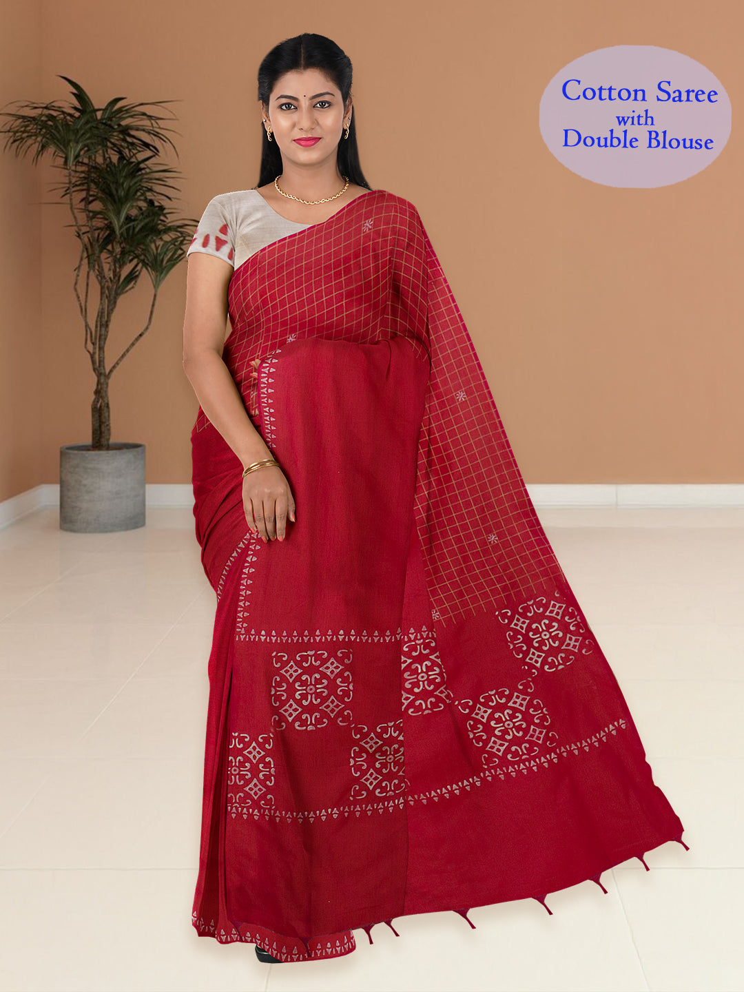 Women Red Cotton Saree with Double Blouse PCS212