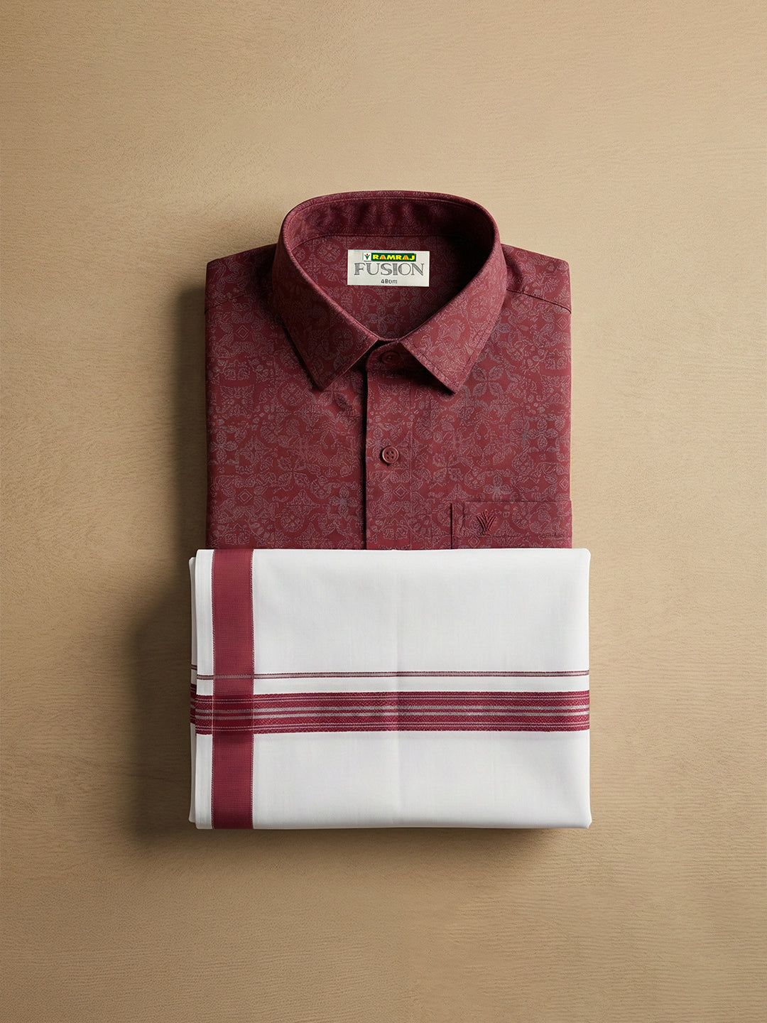 Men Deep Red Matching Border Dhoti With Printed Shirt Set Fusion PS22