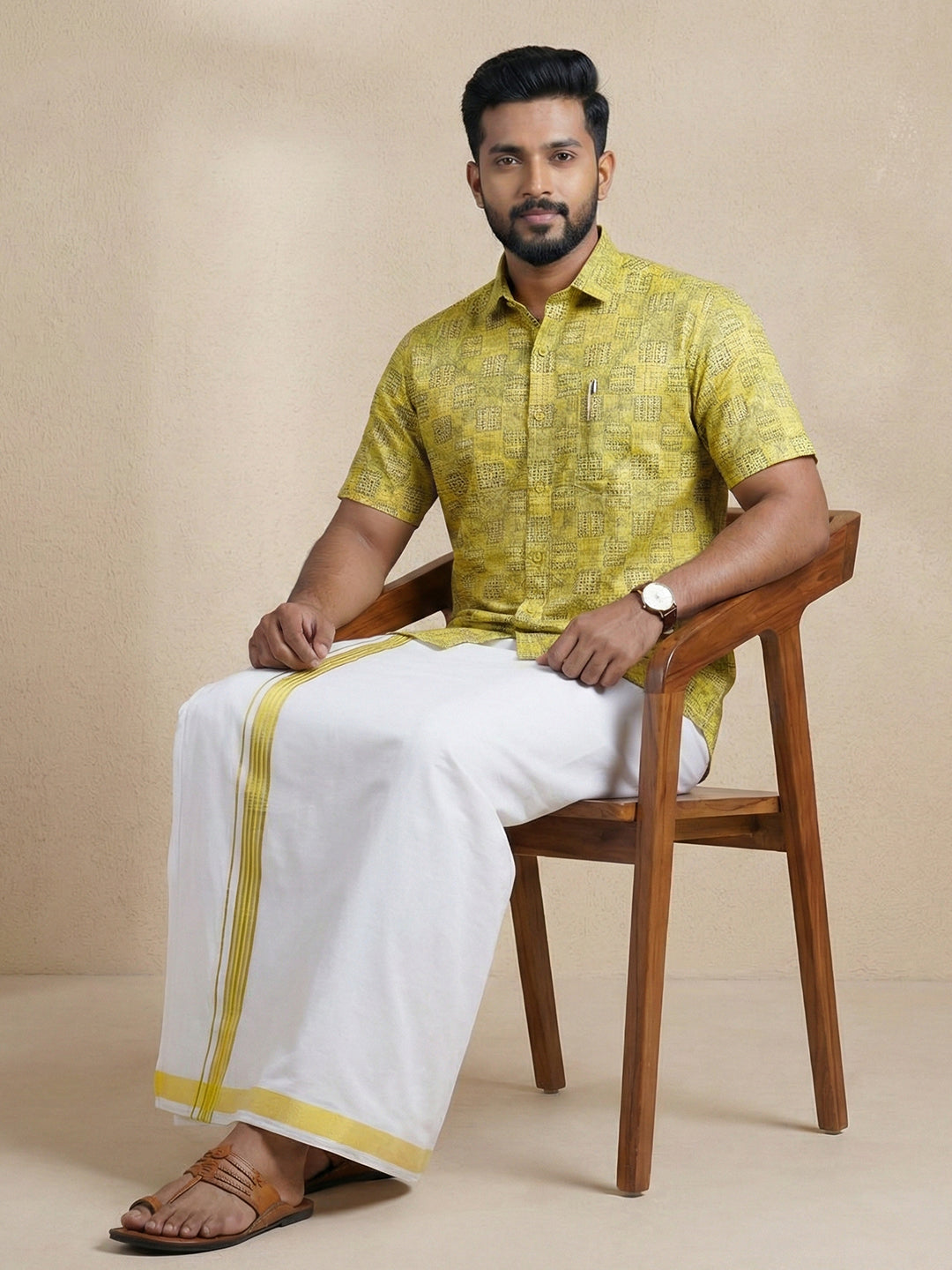 Like Father Like Son Matching Border Dhoti with Printed Shirt Combo Set Lemon Yellow PS29