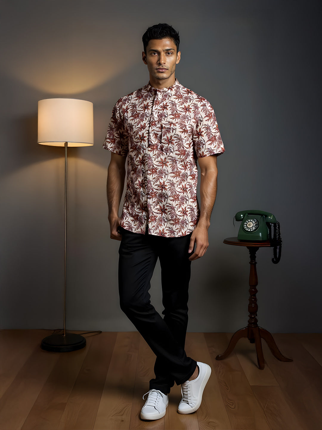 Men Cotton Short Length Printed Pocket Kurta Brown Leaf RI02