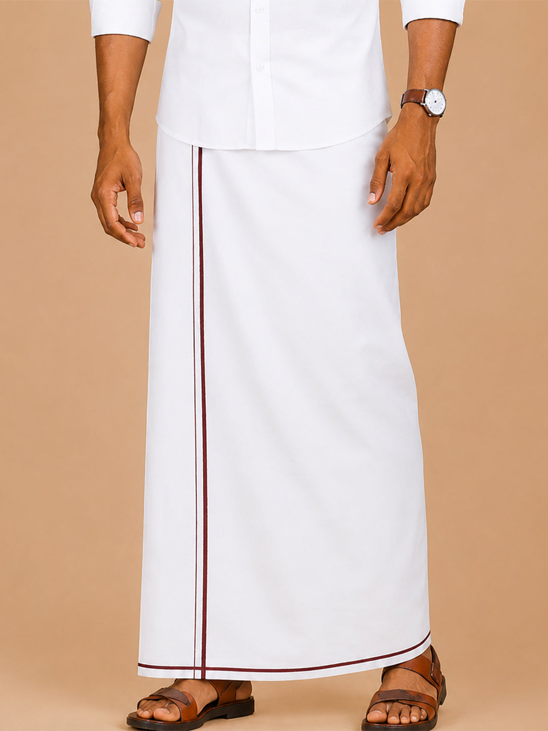 Single Layer Cotton Blend White Dhoti with Small Border - Kiruba KB01