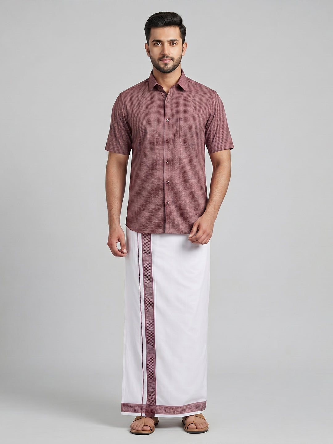 Men Purple Matching Border Dhoti With Printed Shirt Set Windsor HNJ4