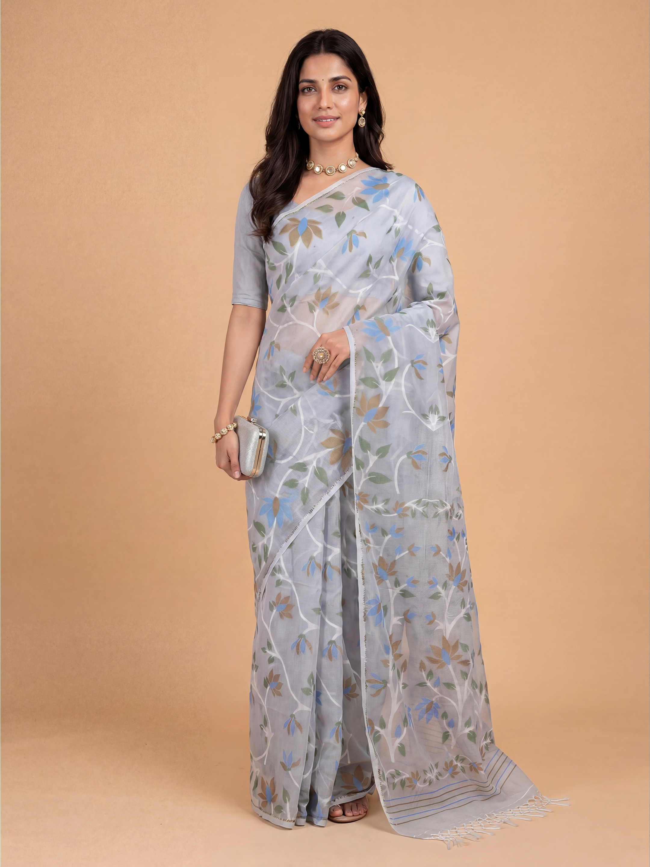 Women Semi Linen Printed Blue Saree SL250