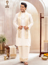 Premium Pure Silk Cream Plain Dhoti Shirting & Towel Set 4" Jari Border – Rajdharbar
