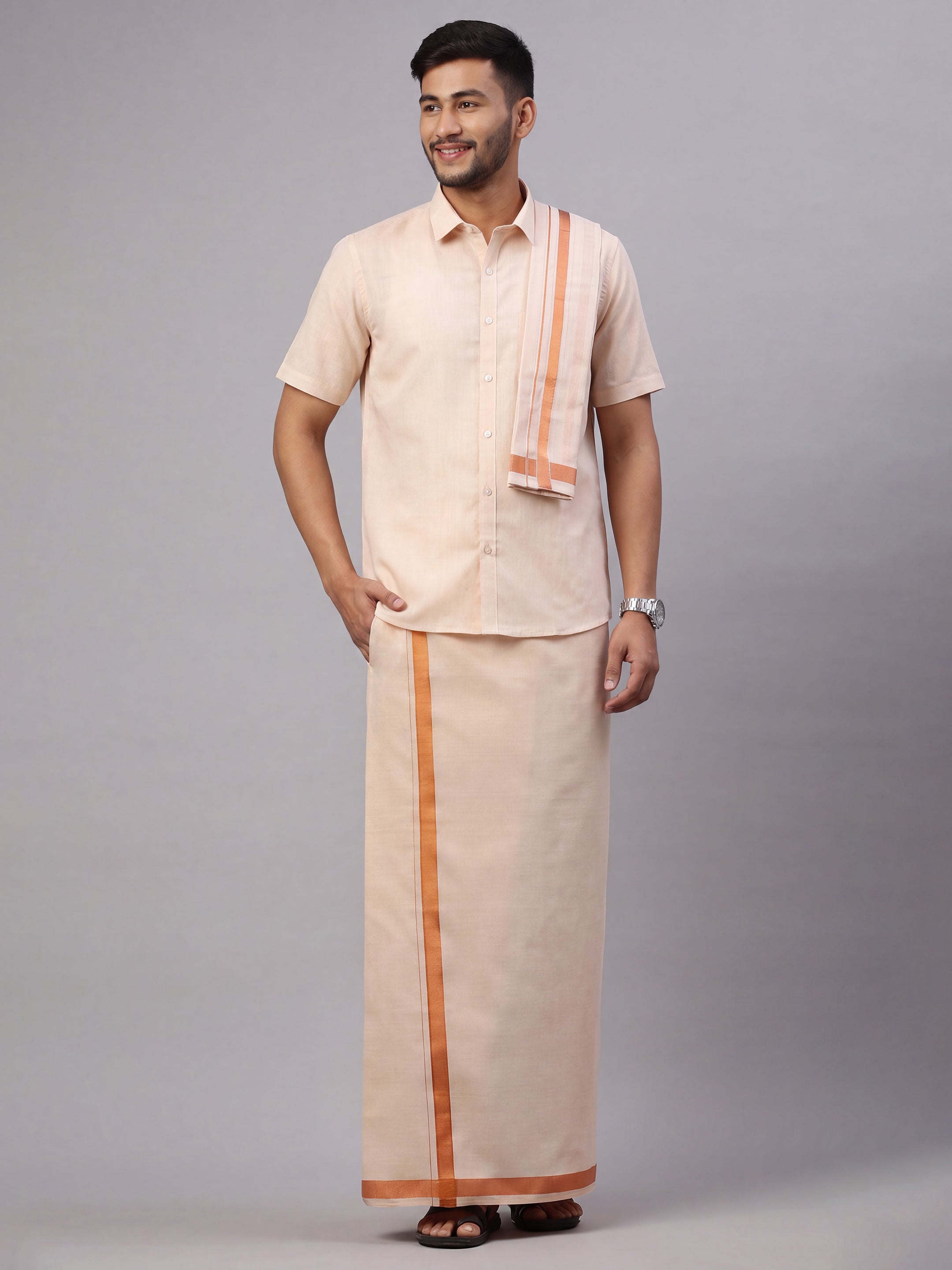 Tissue Copper Shirt Dhoti & Towel Set