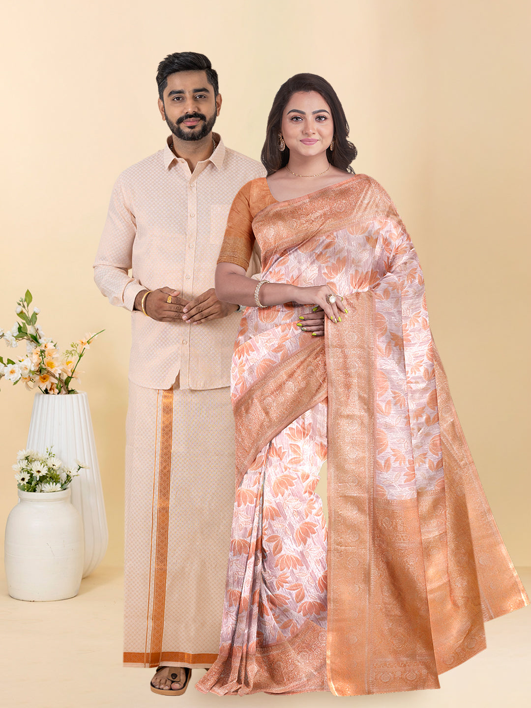 Couple Combo Shirt & Dhoti Set with Saree Copper ASS128