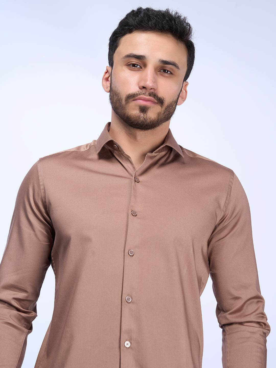 Men Stretch Cotton Shirt Light Brown FS9