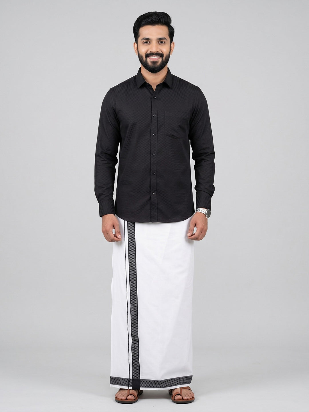Men Black Matching Border Dhoti With Printed Shirt Set Windsor HNJ6