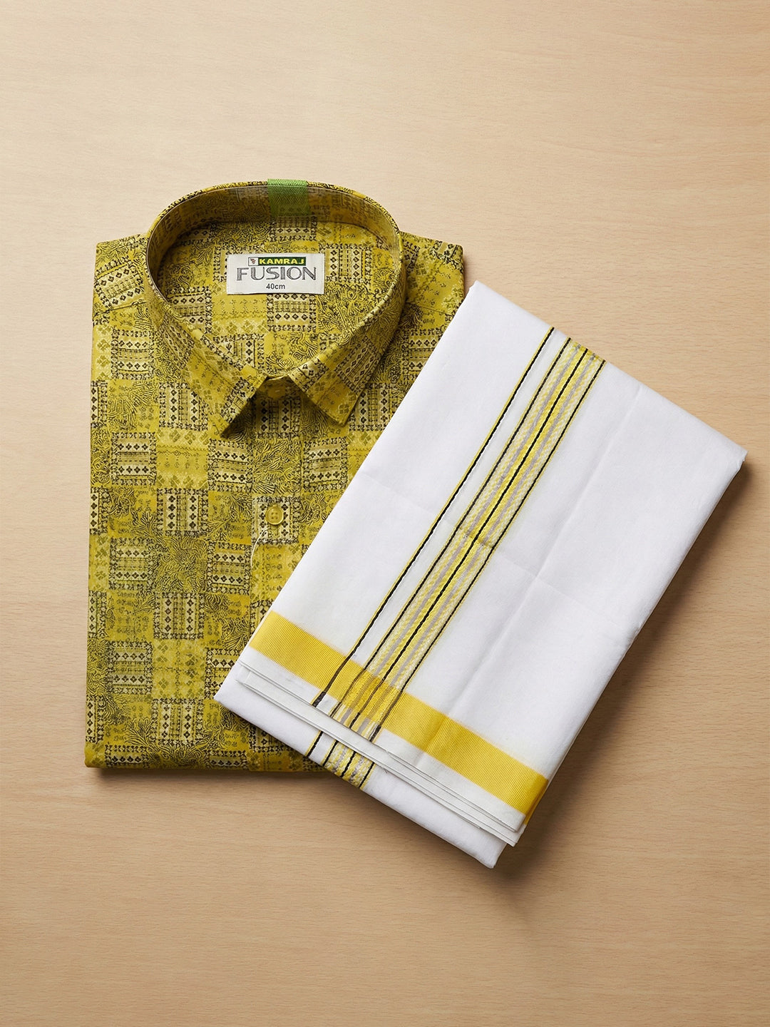 Men Lemon Yellow Matching Border Dhoti With Printed Shirt Set Fusion PS29