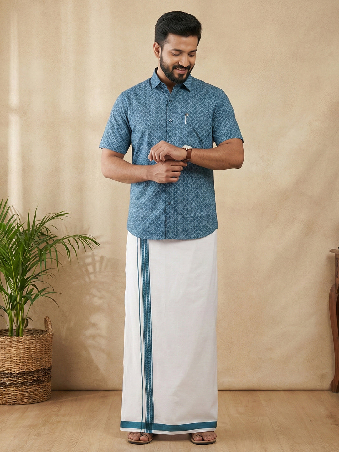 Men Teal Blue Matching Border Dhoti With Printed Shirt Set Fusion PS27