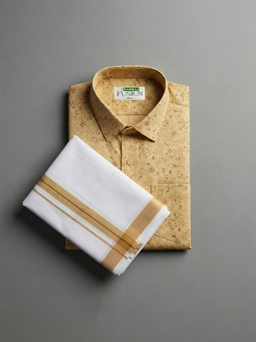 Men Sandal Matching Border Dhoti With Printed Shirt Set Fusion PS21