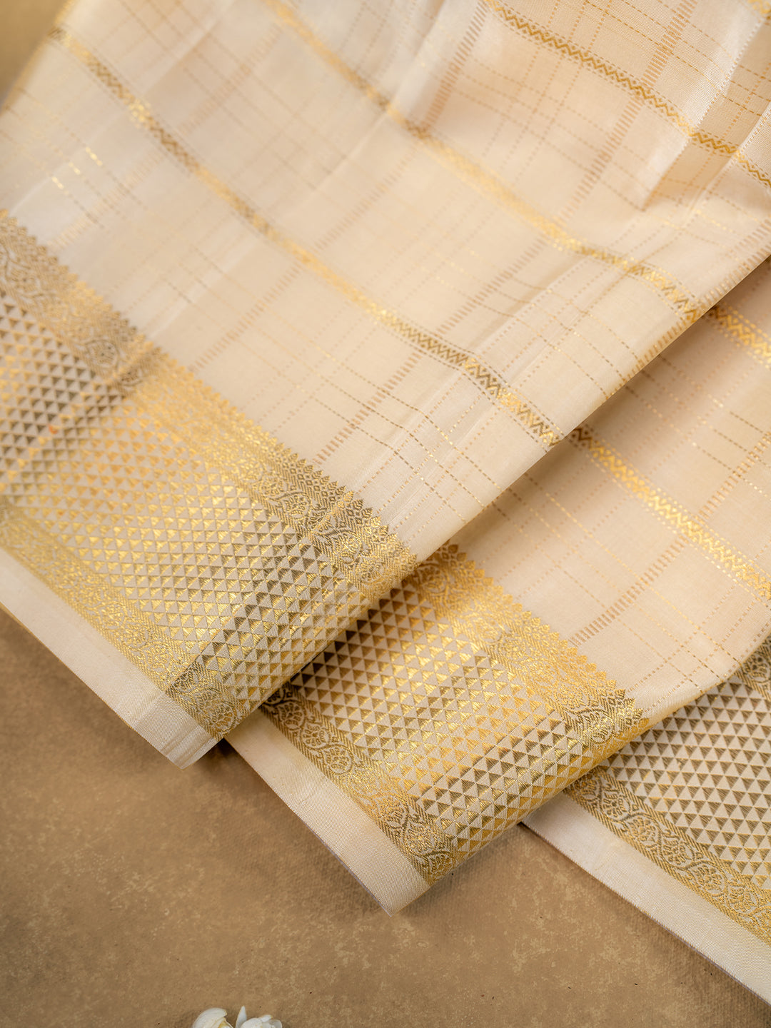 Pure Silk 3" Fawn Dhoti & Towel Wedding Set – Amirtham Muthu Check Gold Jari Design
