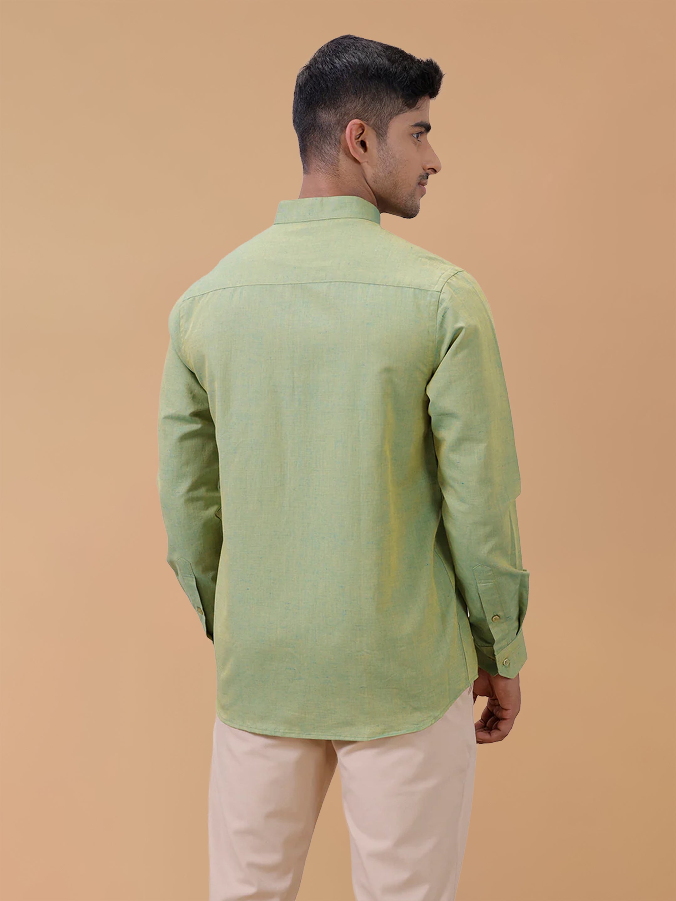 Linen Cotton Yellowish Green Chinese Collar Regular Fit Shirt LF9