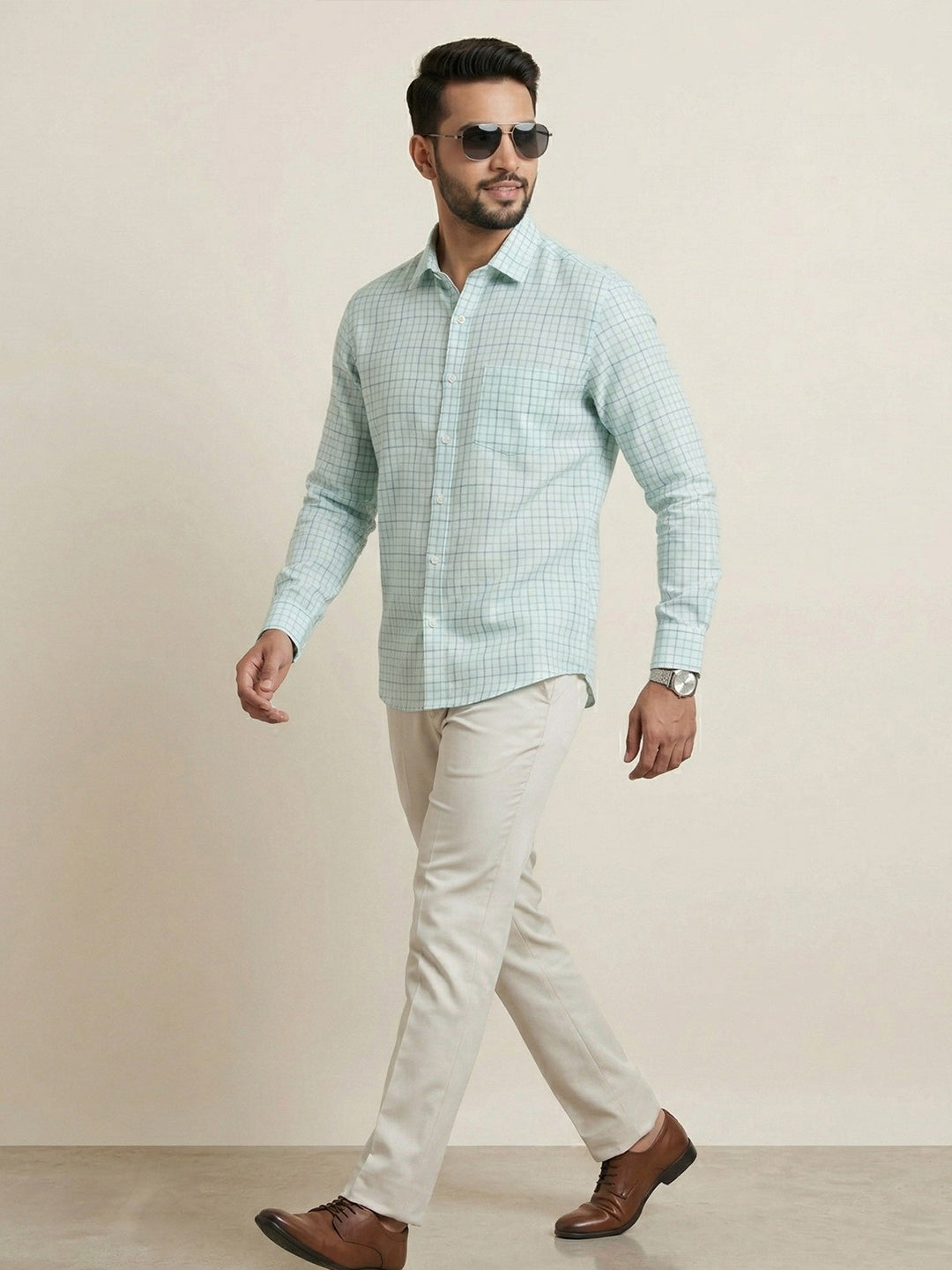 Men Pure Linen Checked Shirt Blue LS147