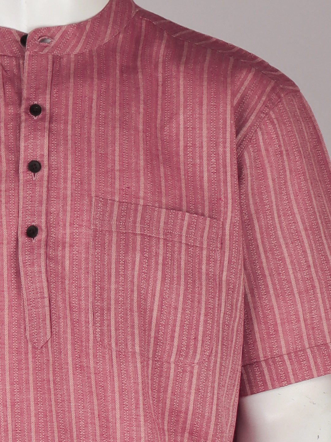 Men Coral Pink Short Length Kurta with Matching Border Dhoti Set RH04