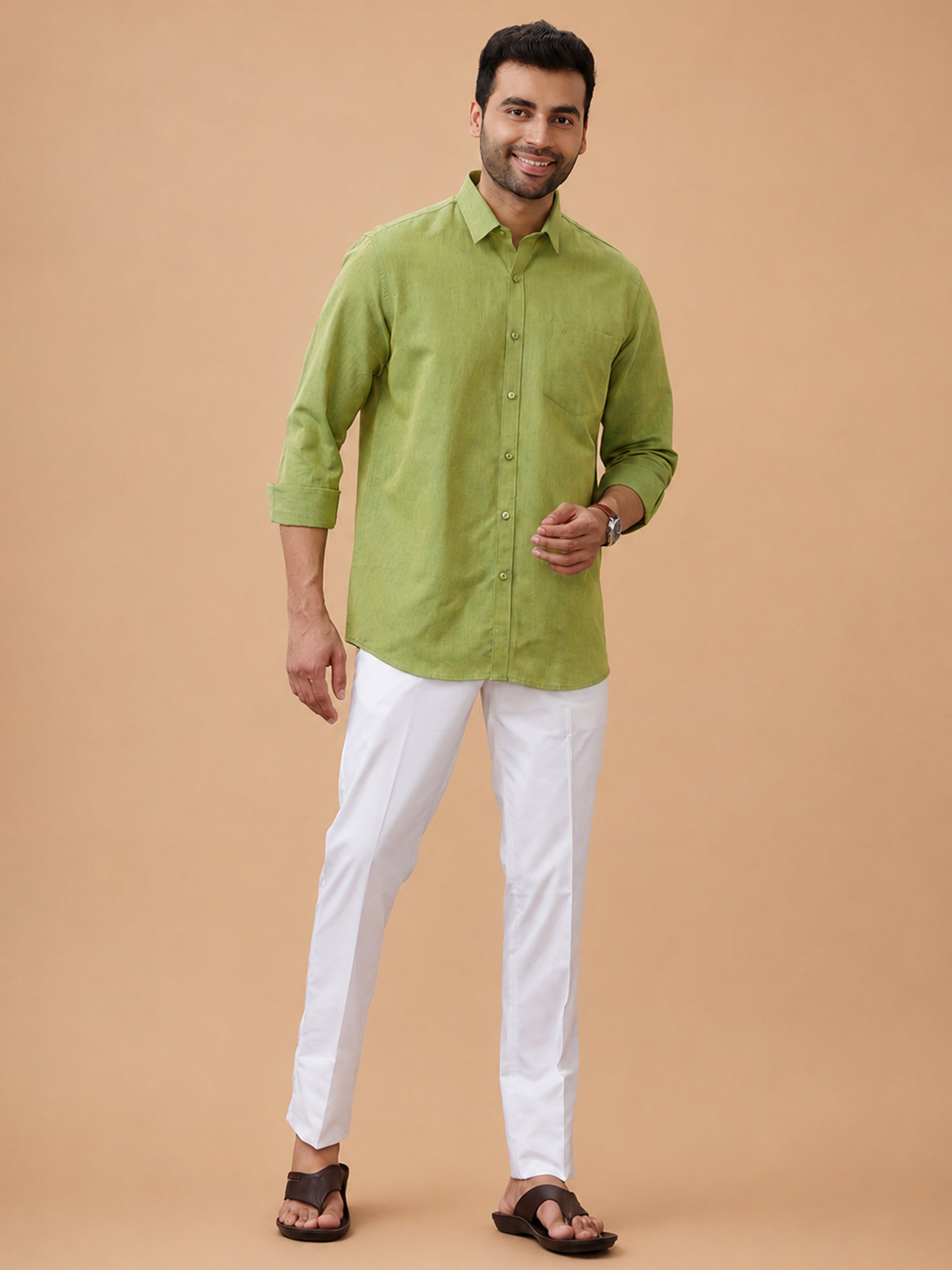 Linen Cotton Yellowish Green Regular Fit Shirt LF9