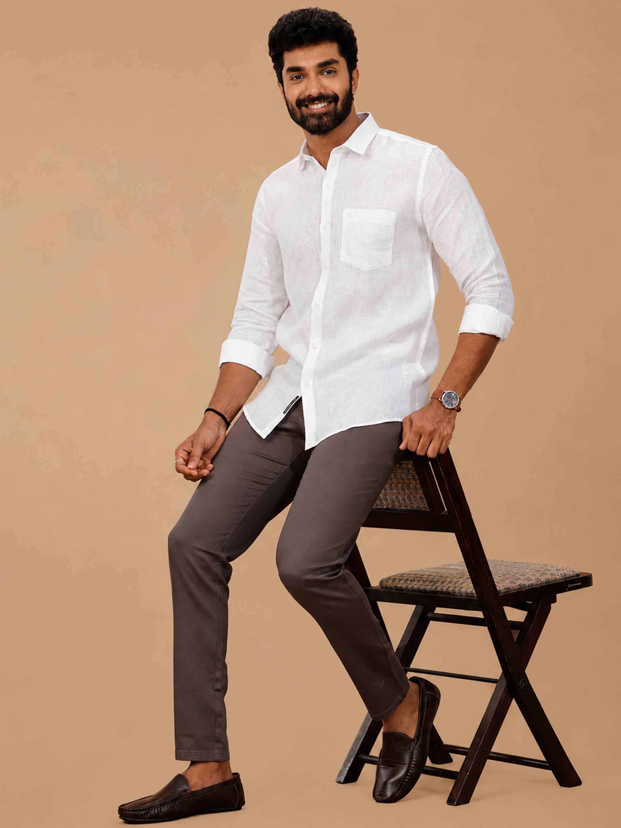 Pure Linen Self Design White Shirt LP1532JF