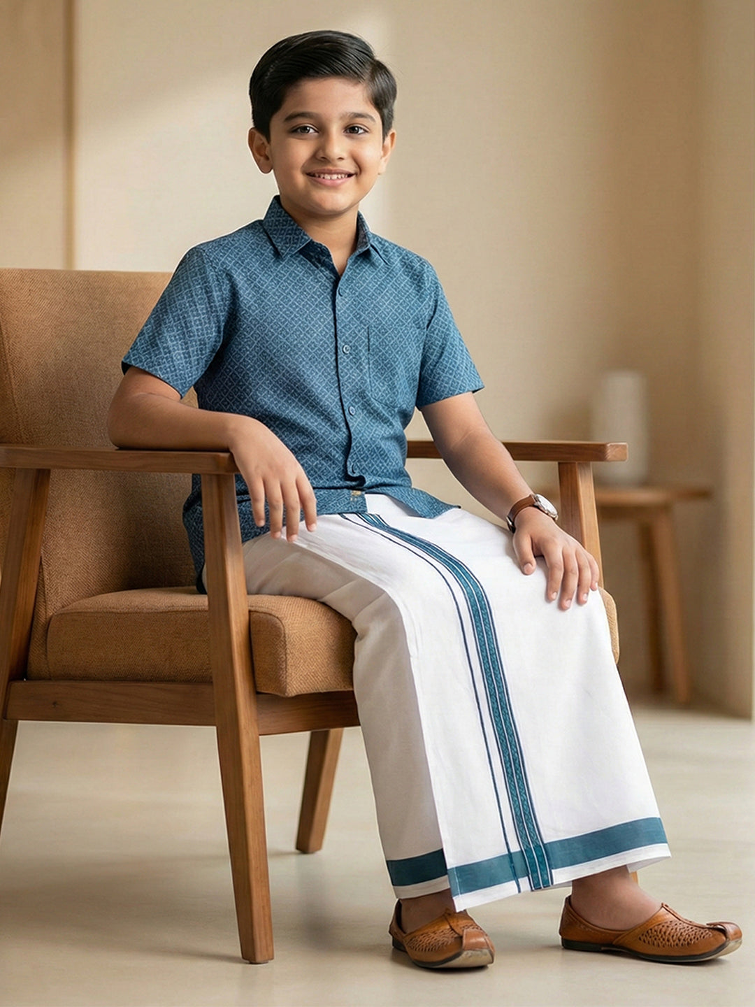 Boys Teal Blue Matching Border Dhoti With Printed Shirt Set Fusion PS27