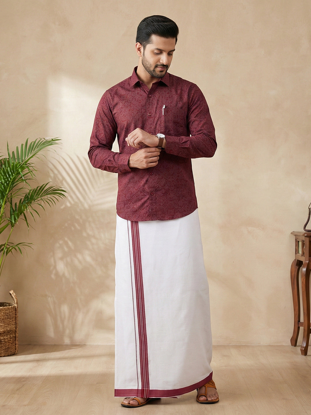 Men Deep Red Matching Border Dhoti With Printed Shirt Set Fusion PS22