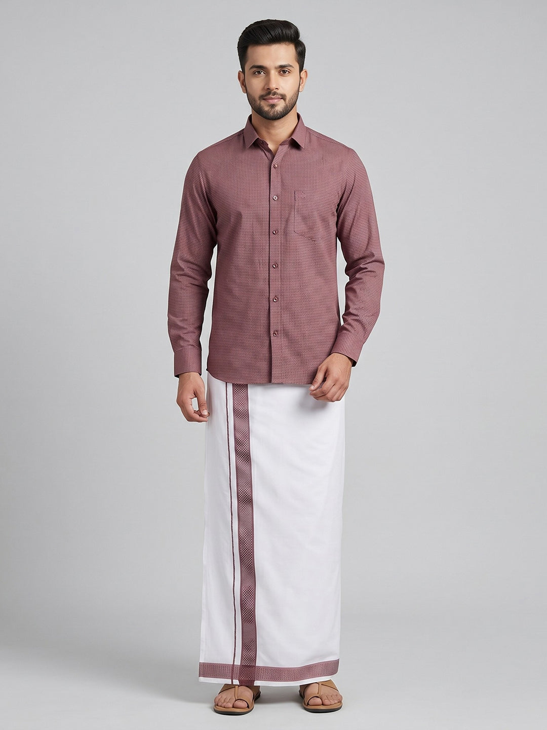 Men Purple Matching Border Dhoti With Printed Shirt Set Windsor HNJ4