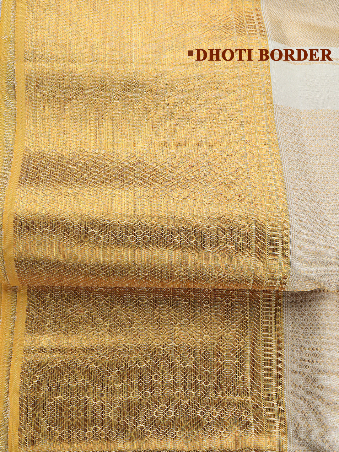 Men Elegant Premium Pure Silk Cream Dhoti & Towel Set with 6" inch Gold Jari Border Amirtham AM16