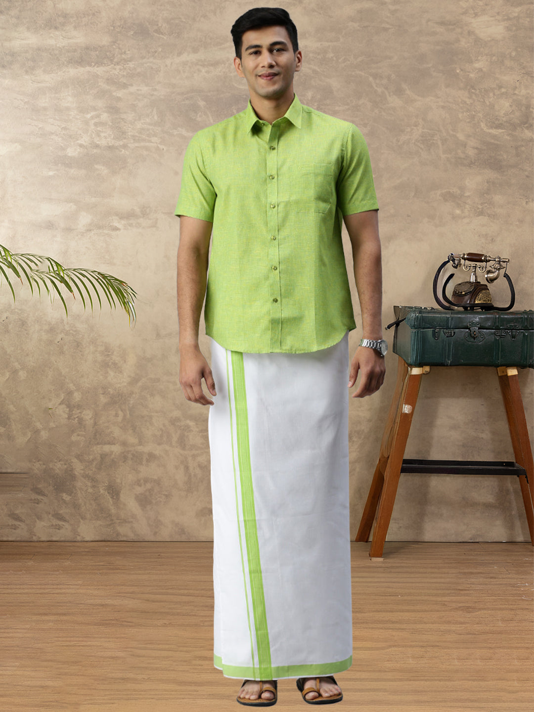 Mens Vetti Vaaram Matching Border Dhoti & Shirt Combo Parrot Green