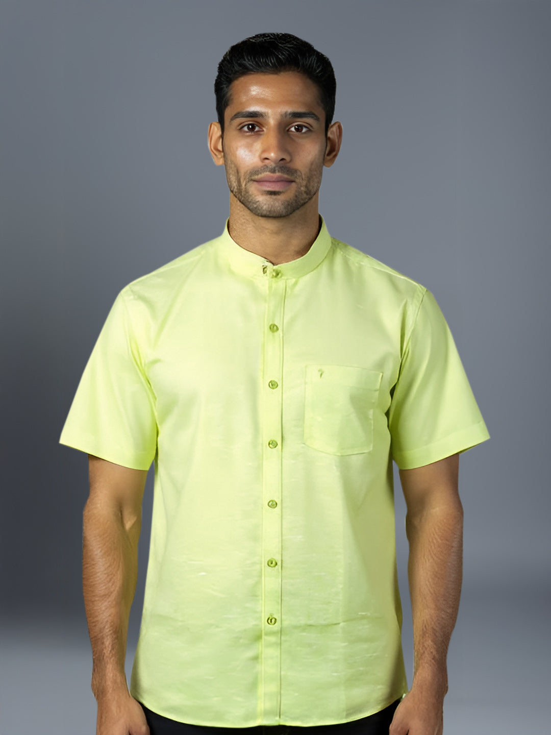 Men Greenish Yellow Linen Cotton Chinese Collar Shirt LF3