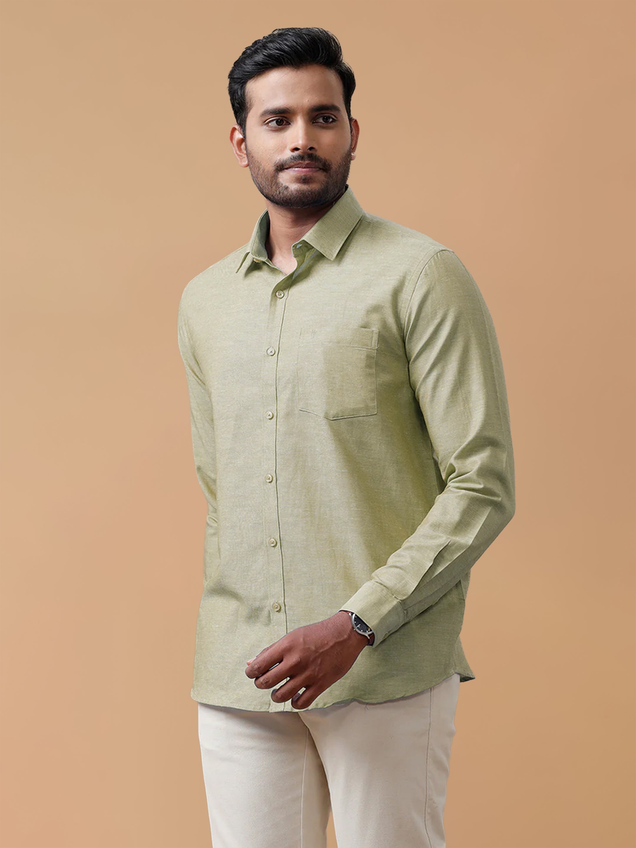 Linen Cotton Olive Green Regular Fit Shirt LF25