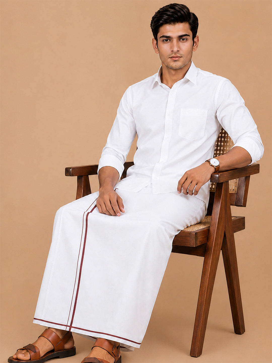Single Layer Cotton Blend White Dhoti with Small Border - Kiruba KB01