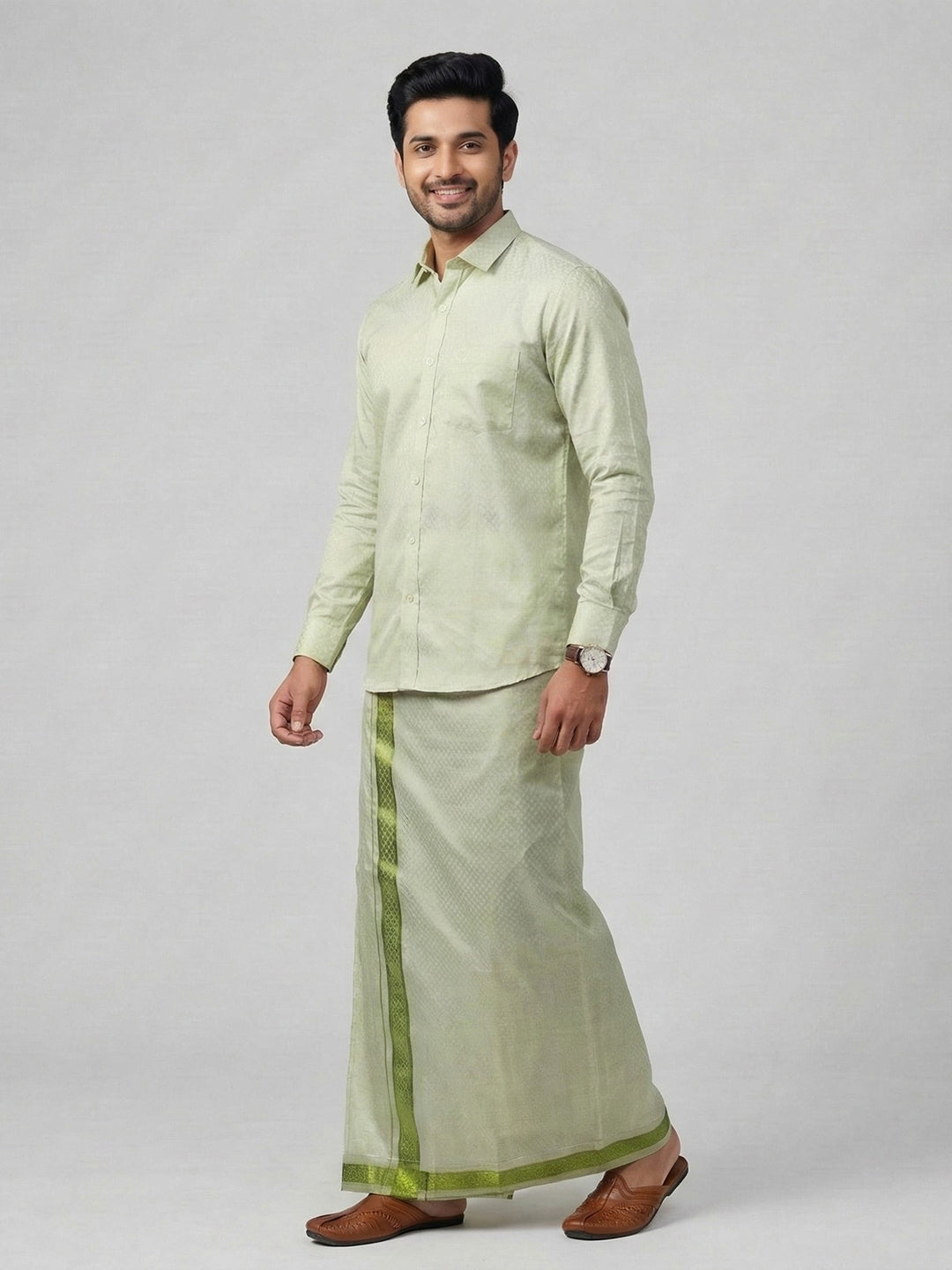 Men Moss Green Tissue Jacquard Shirt with Readymade Dhoti Set MGD12