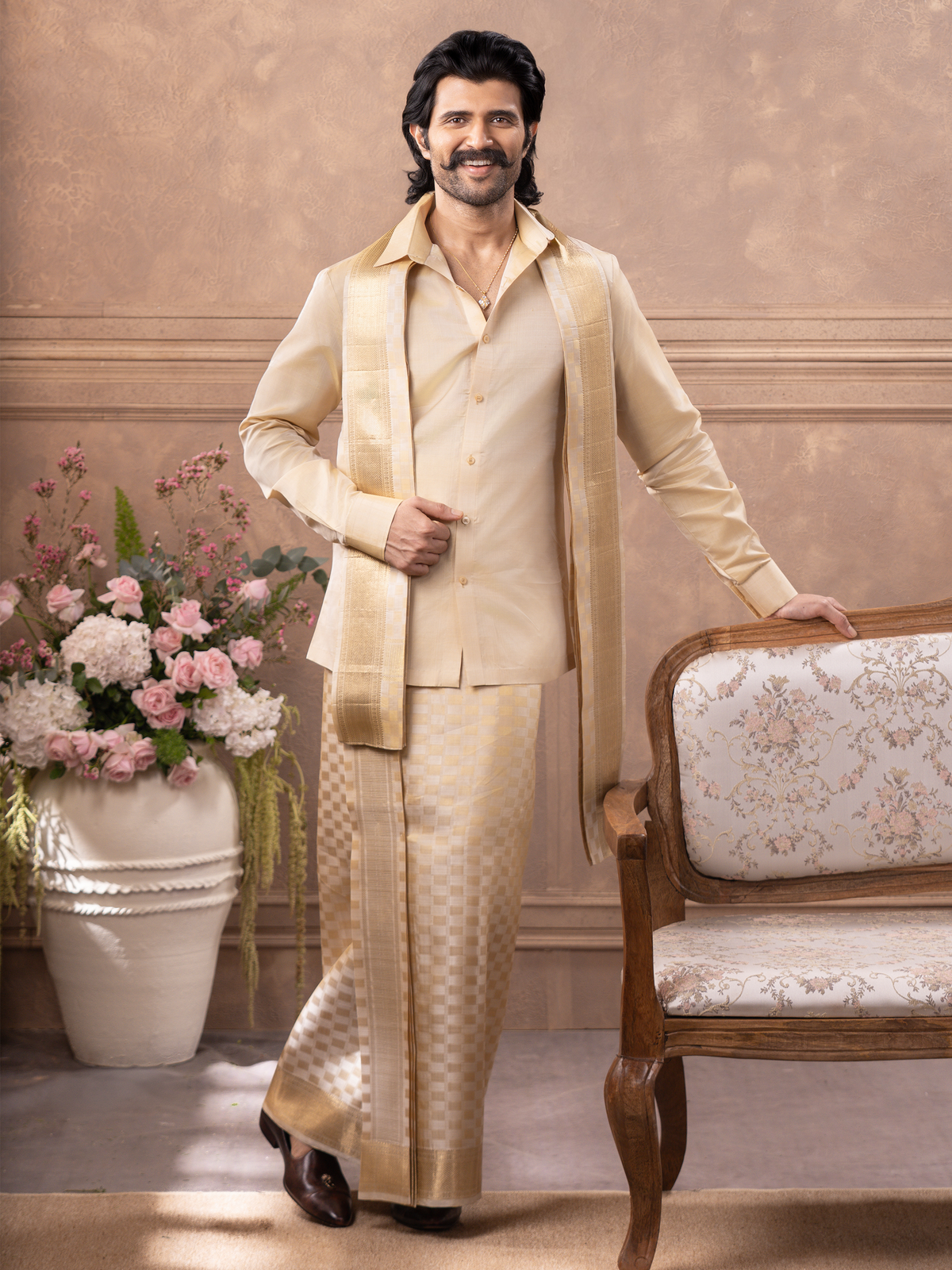 LAGNAA Premium Pure Silk Fawn 3X1 Set | Dhoti / Panchakacham, Shirting Fabric & Towel Set | 3-Inch Jari Border | Rajdharbar