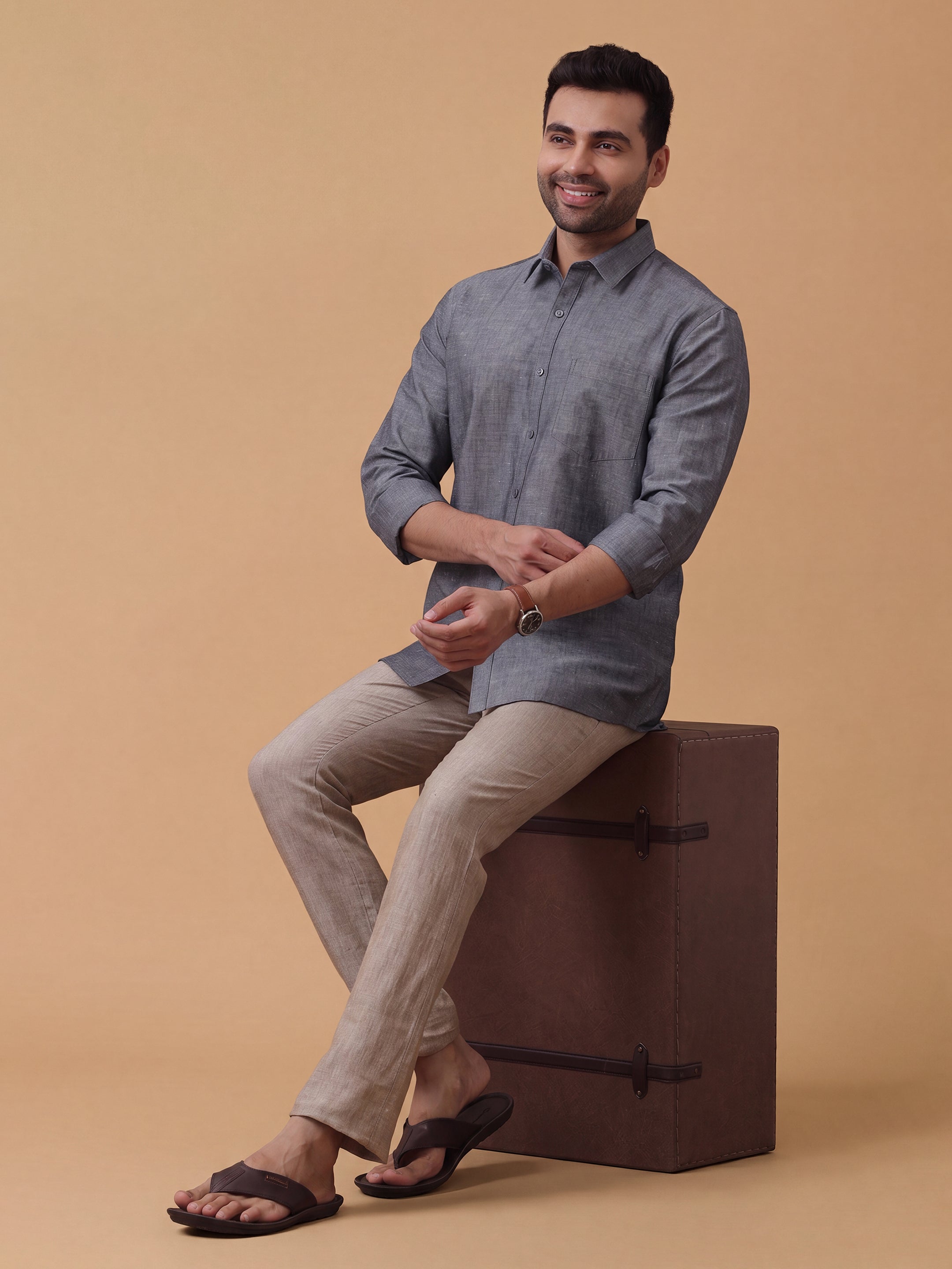 Linen Cotton Grey Regular Fit Shirt LF7