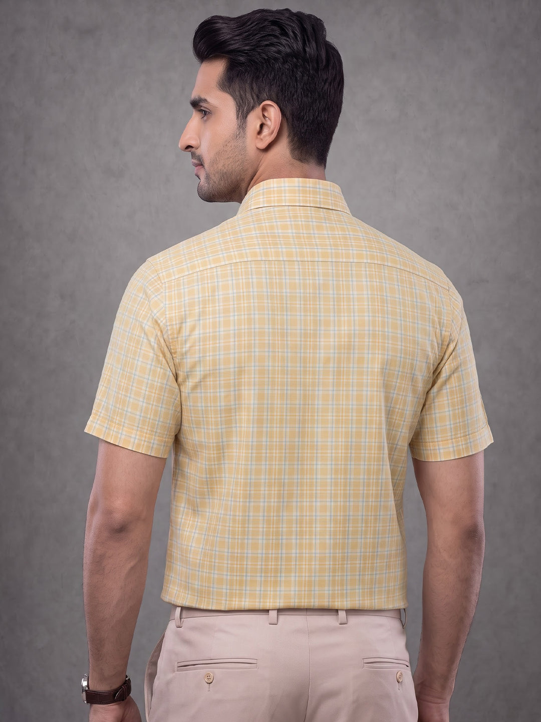 Prima Club Premium Cotton Dobby Yellow Blue Checked Regular Fit Shirt SRBM5