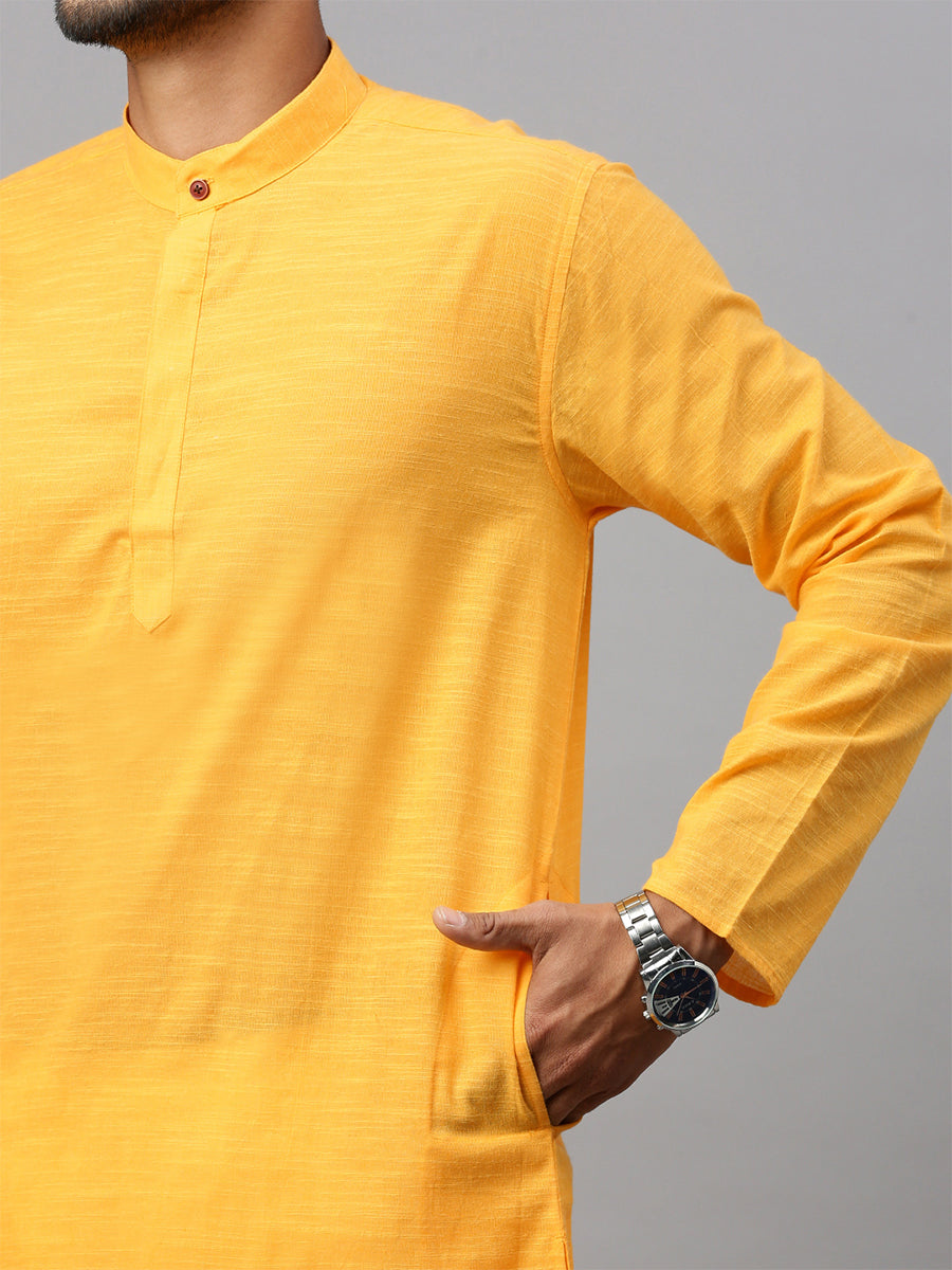 Mens Cotton Full Length Plain Pocket Kurta Yellow M17