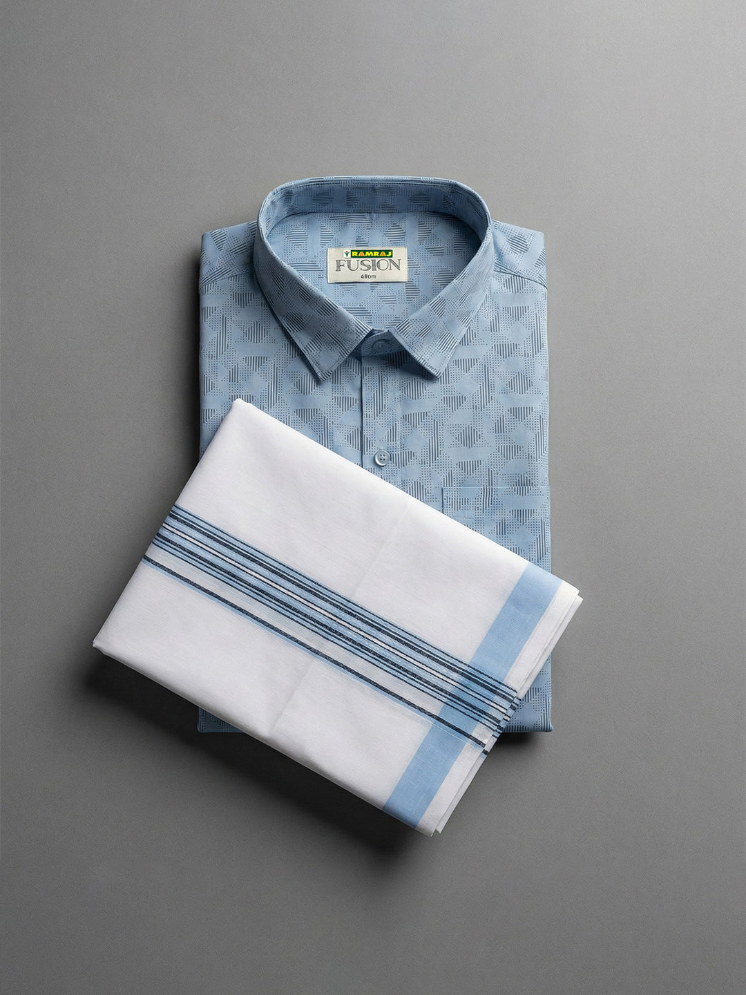 Men Light Blue Matching Border Dhoti With Printed Shirt Set Fusion PS23