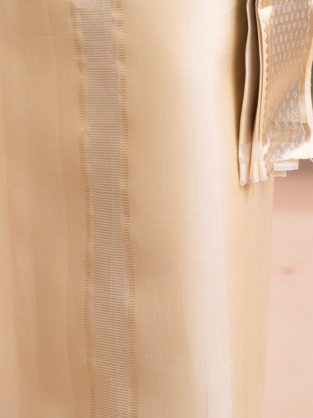 Pure Silk 4" Fawn Wedding Dhoti & Towel Set – Amirtham Gold-Silver Peacock Design