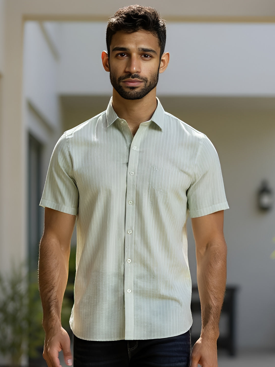 Men Pure Linen Striped Shirt Pale Green LS34