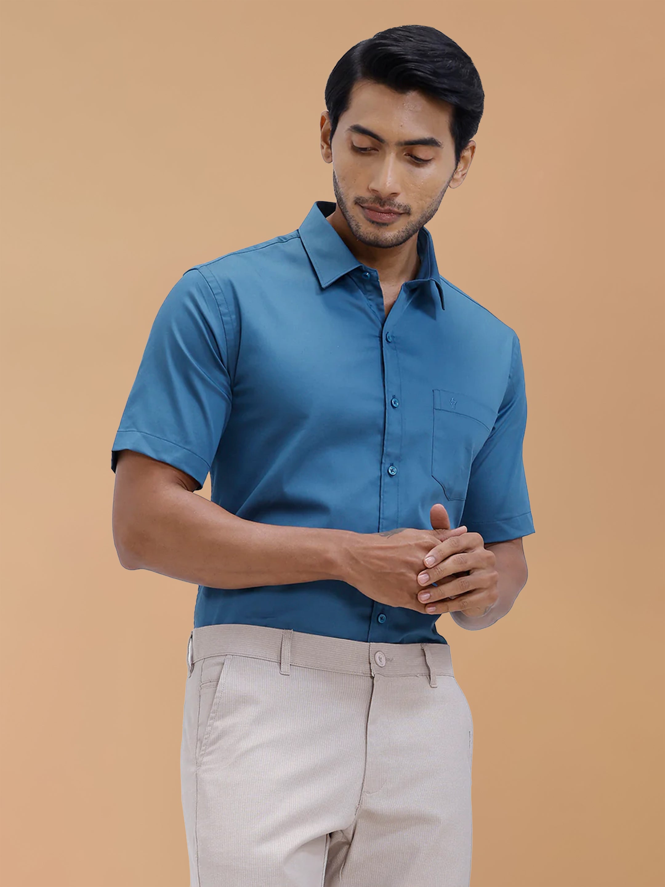 Cotton Rich Peacock Blue Regular Fit Shirt T53 ACT3