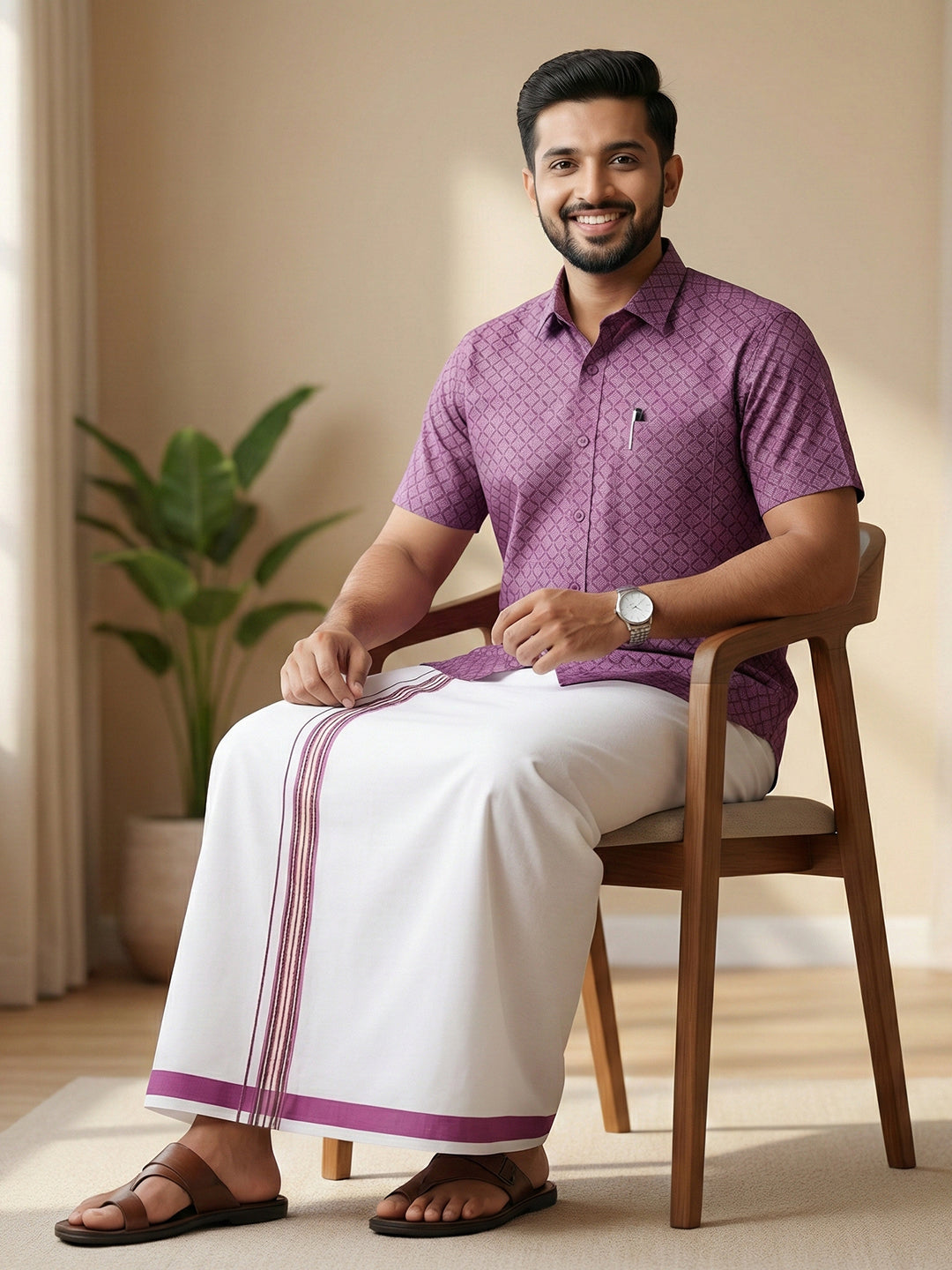 Men Dark Megenta Matching Border Dhoti With Printed Shirt Set Fusion PS28