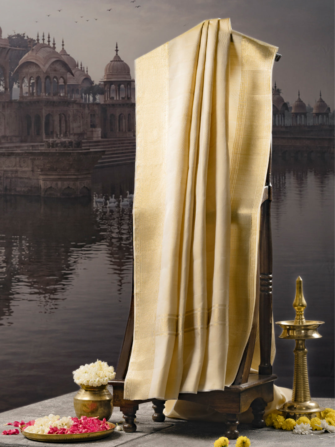 Premium Pure Silk Plain Dhoti Shirting & Towel Set with 5" Jari Border – Rajadharbar